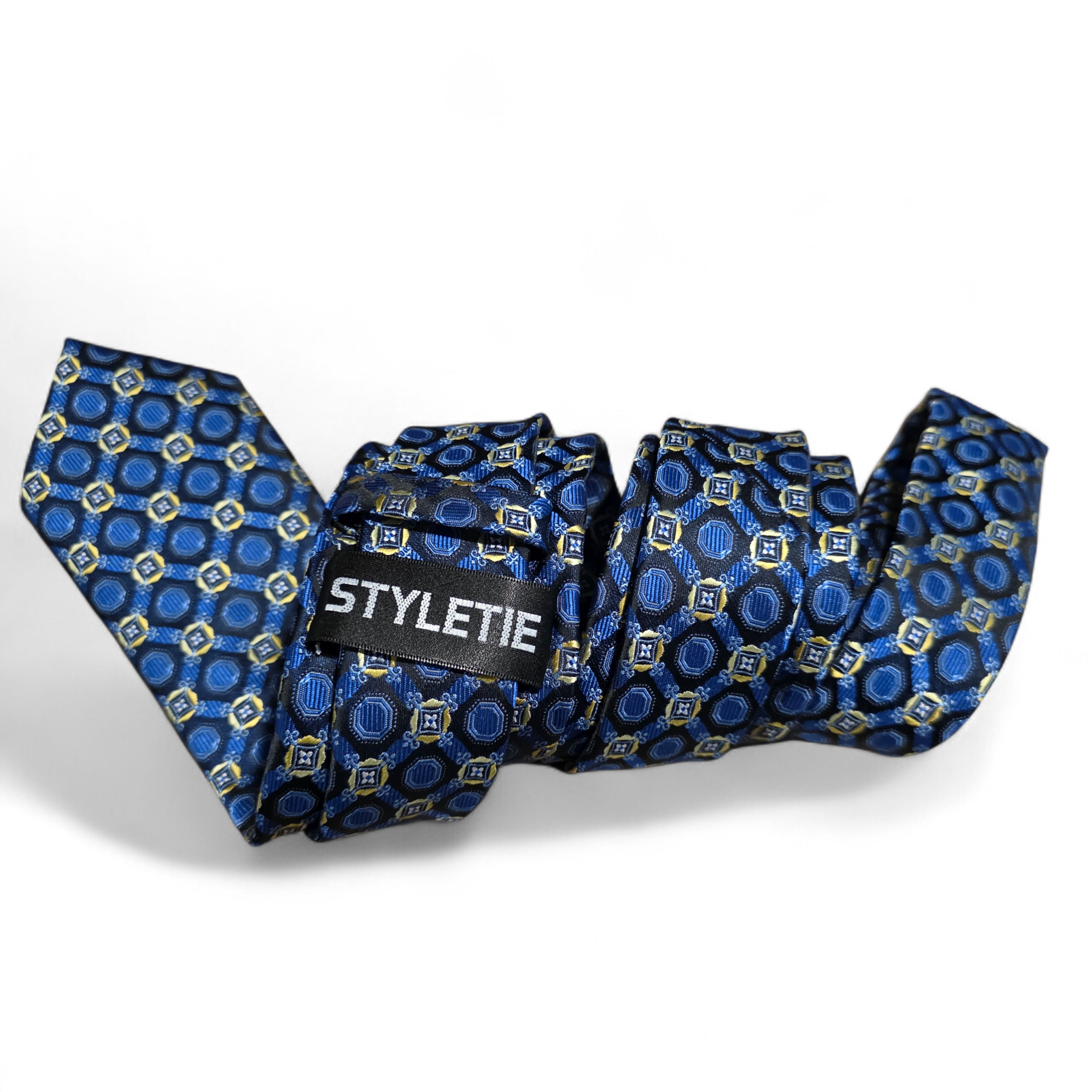 Navy Royal Blue Geometric Silk Tie Pocket Square Cufflink Set