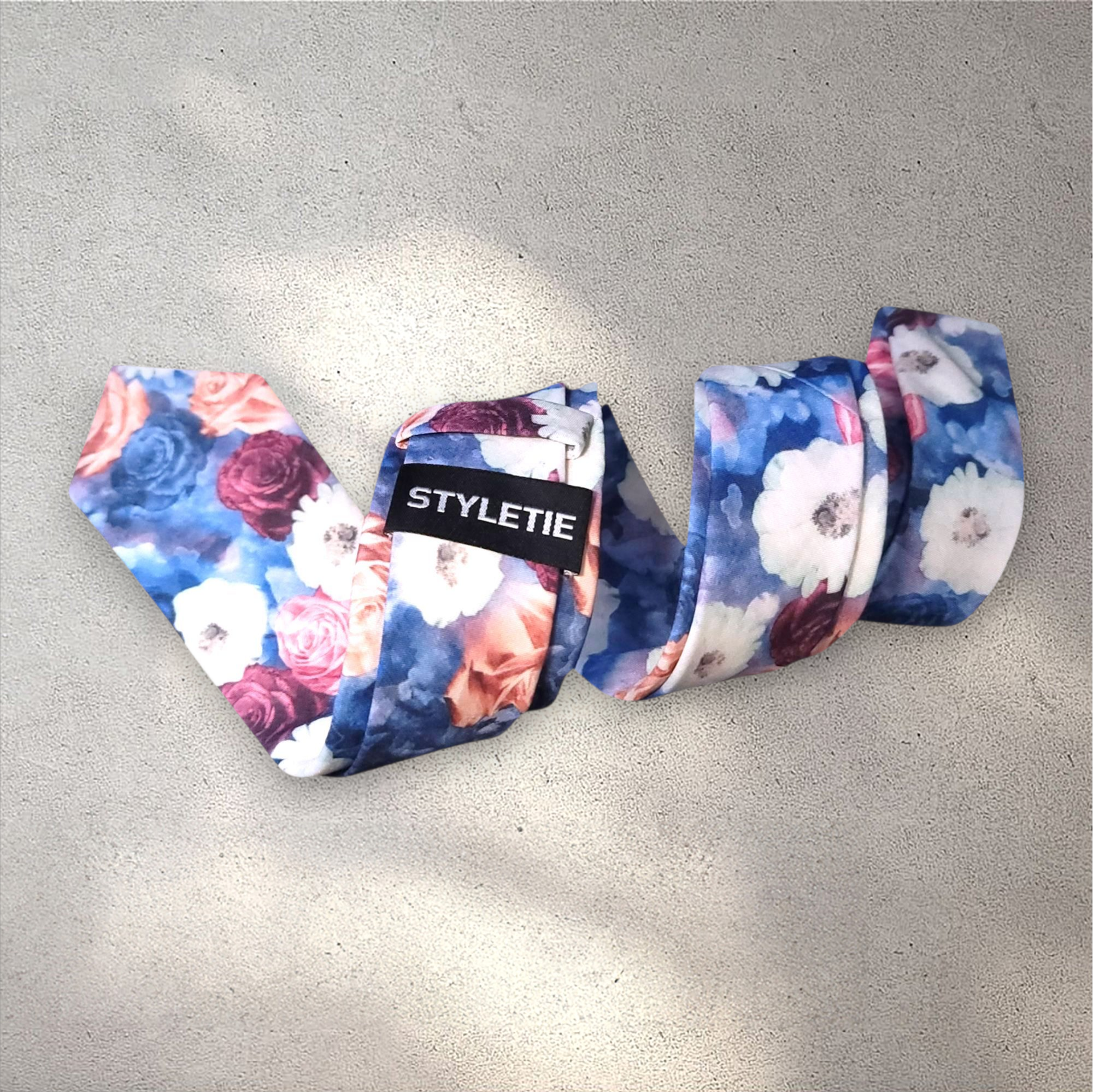 Blue White Peach Burgundy Floral Silk Tie
