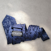 Navy Blue Solid Floral Silk Tie Pocket Square Cufflink Set