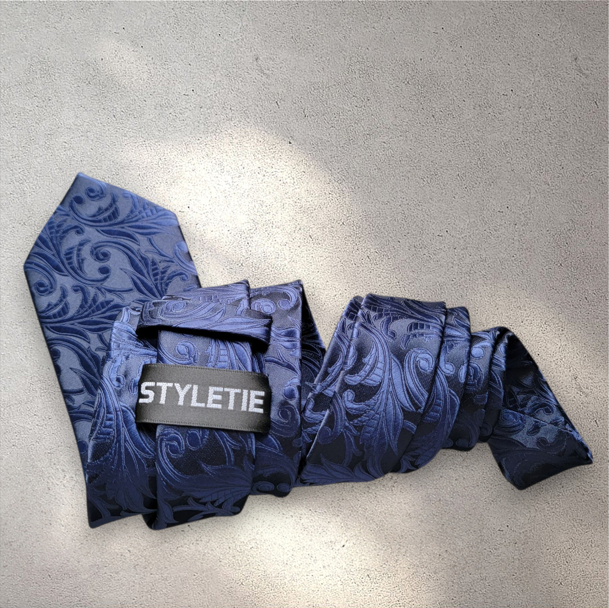 Navy Blue Solid Floral Silk Tie Pocket Square Cufflink Set