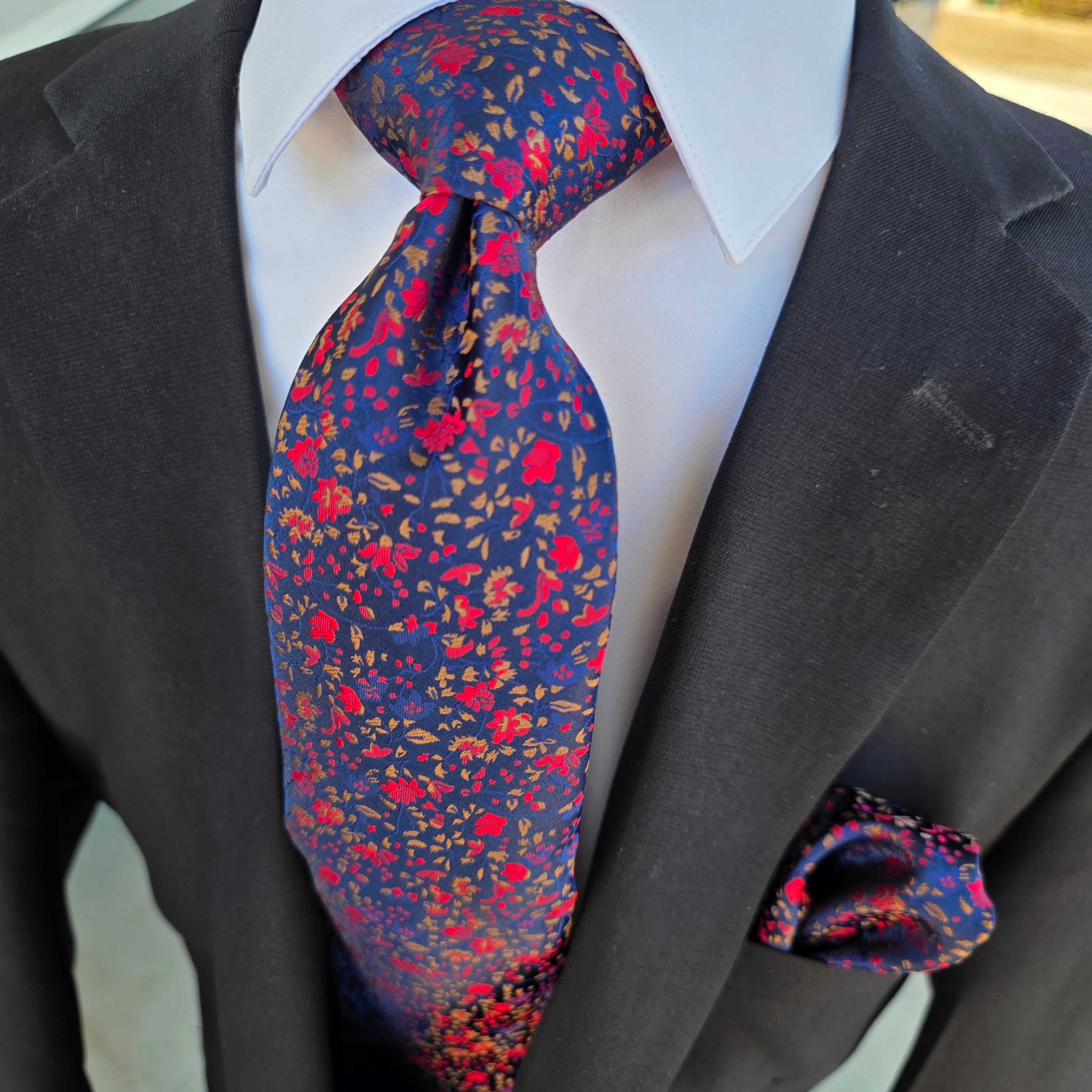 Navy Blue Red Floral Silk Tie Pocket Square Cufflink Set