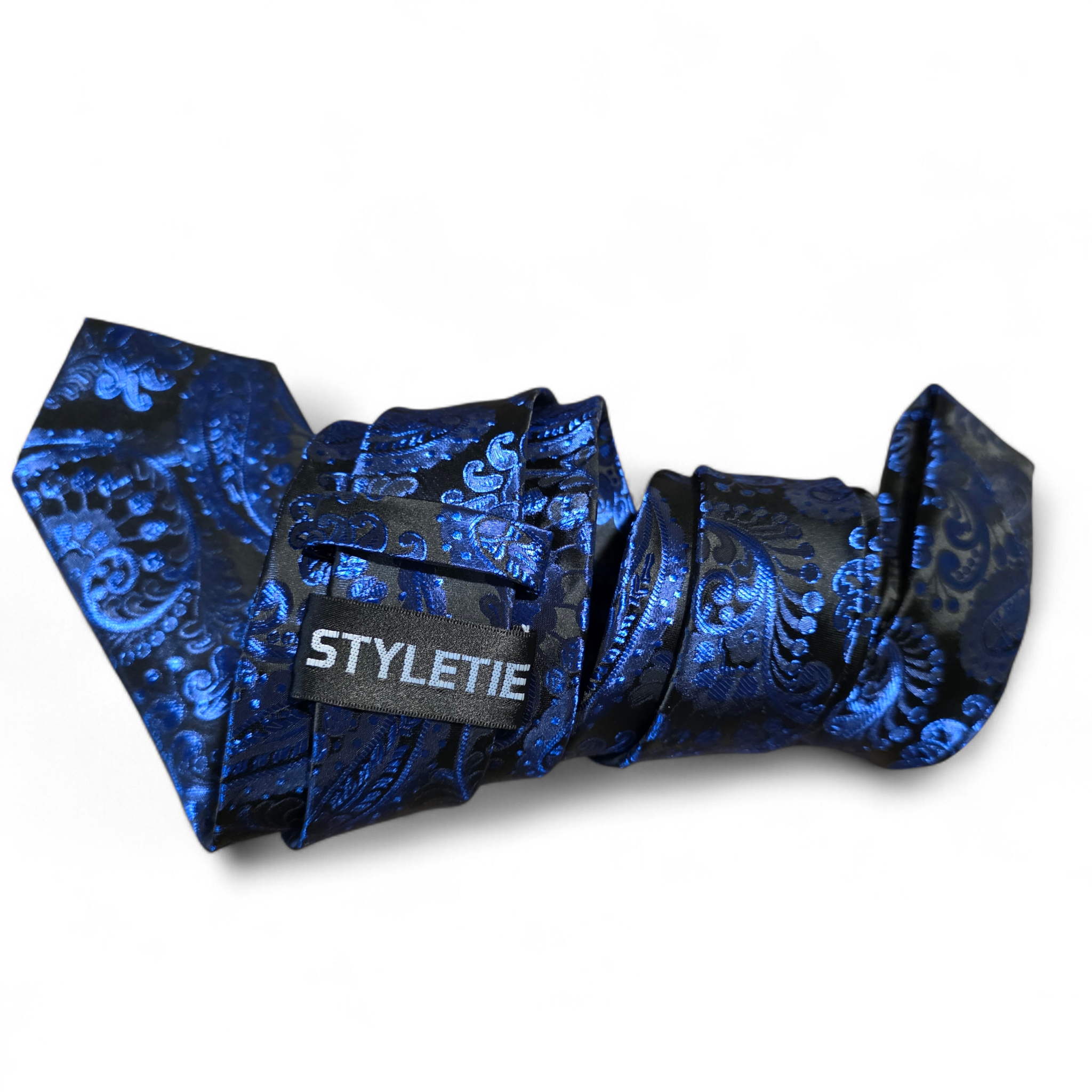 Navy Royal Blue Paisley Silk Tie Pocket Square Cufflink Set