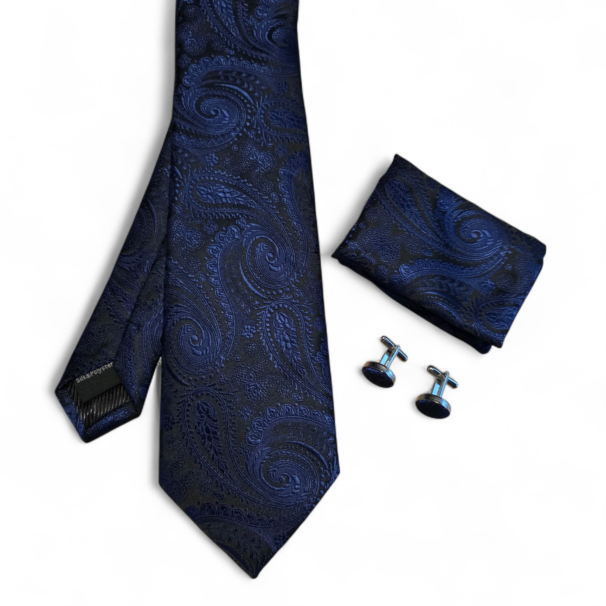 Black Navy Blue Paisley Silk Tie Pocket Square Cufflink Set