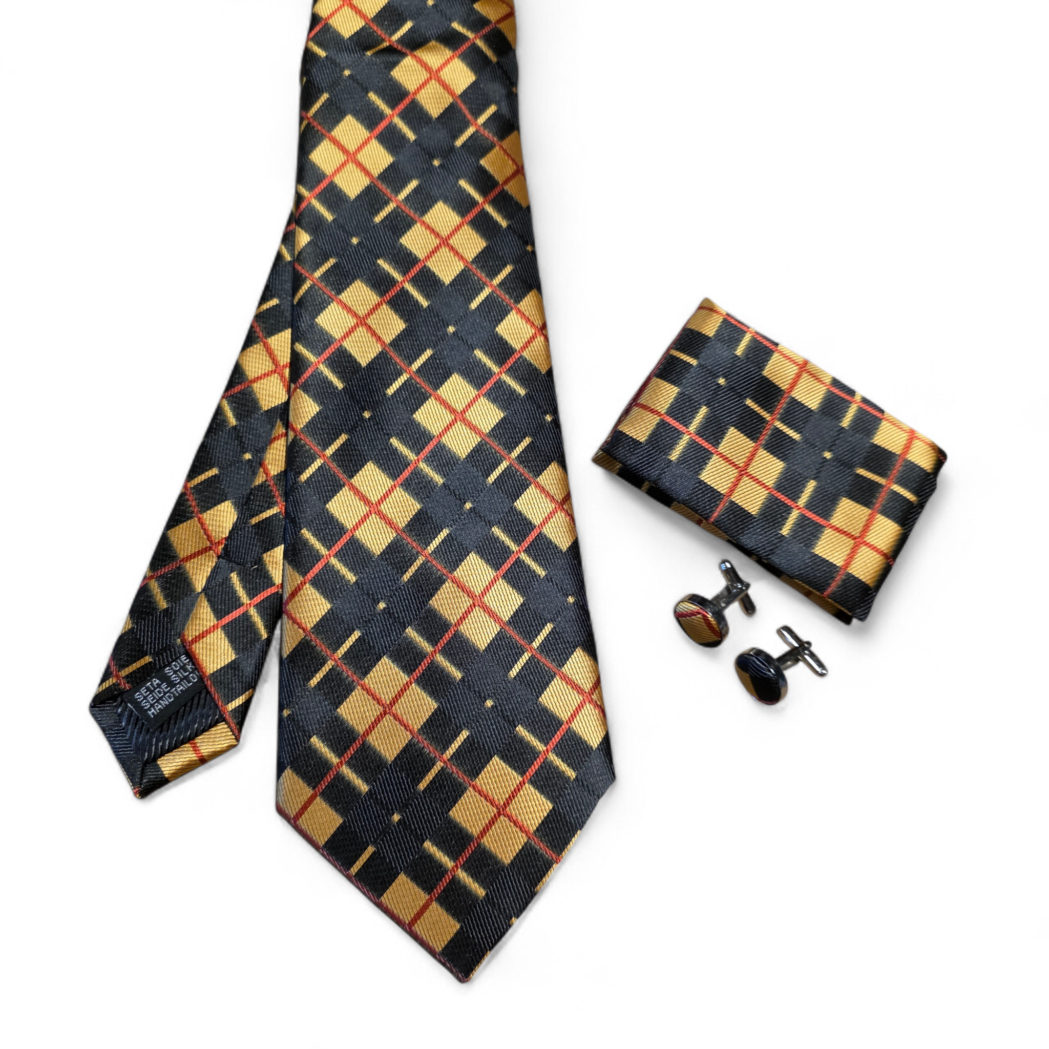 Black Gold Red Geometric Silk Tie Pocket Square Cufflink Set