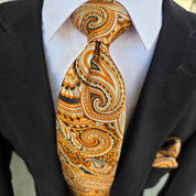 Antique Gold Orange Paisley Silk Tie Set