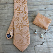 Gold Floral Pattern Silk Tie Pocket Square Cufflink Set