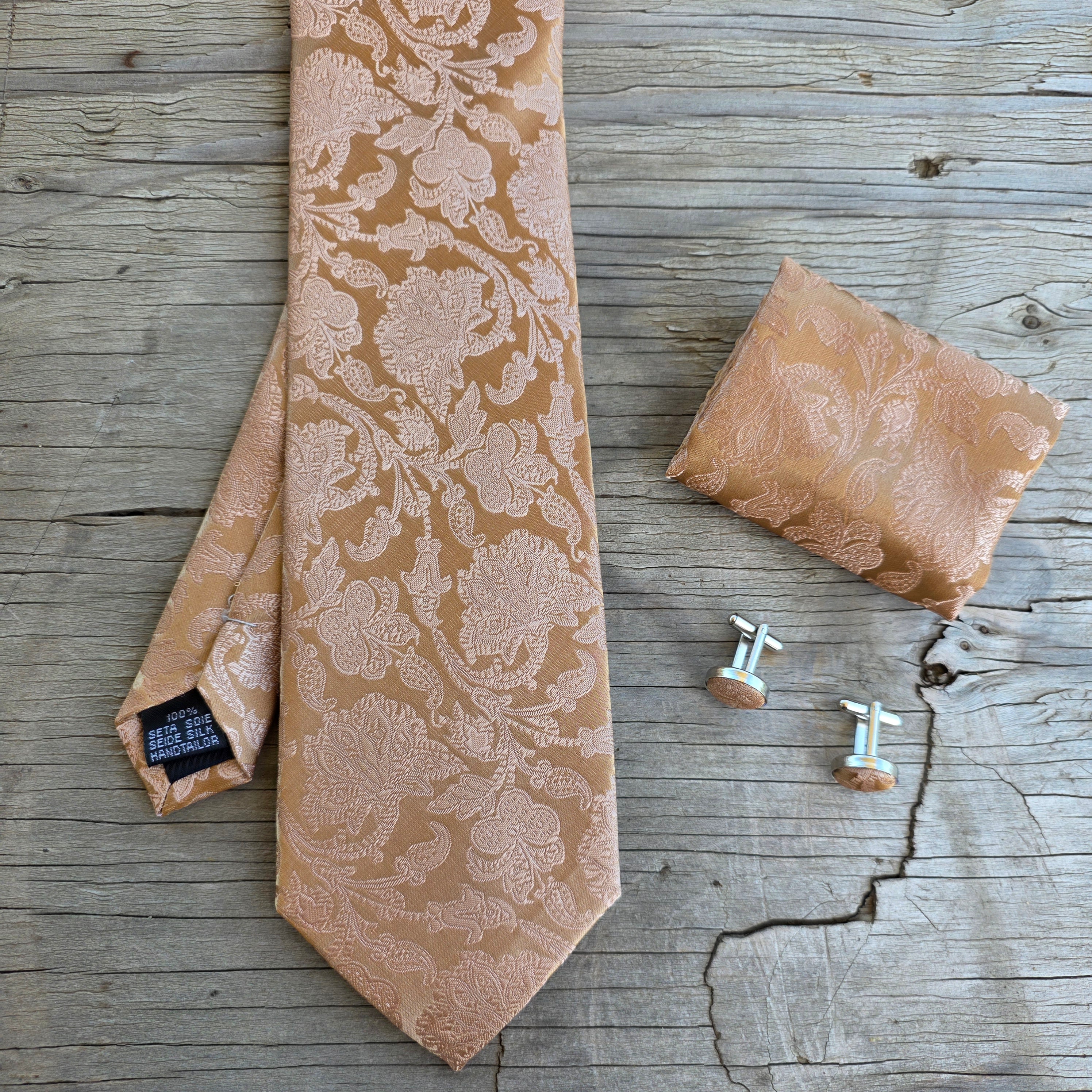 Gold Floral Pattern Silk Tie Pocket Square Cufflink Set