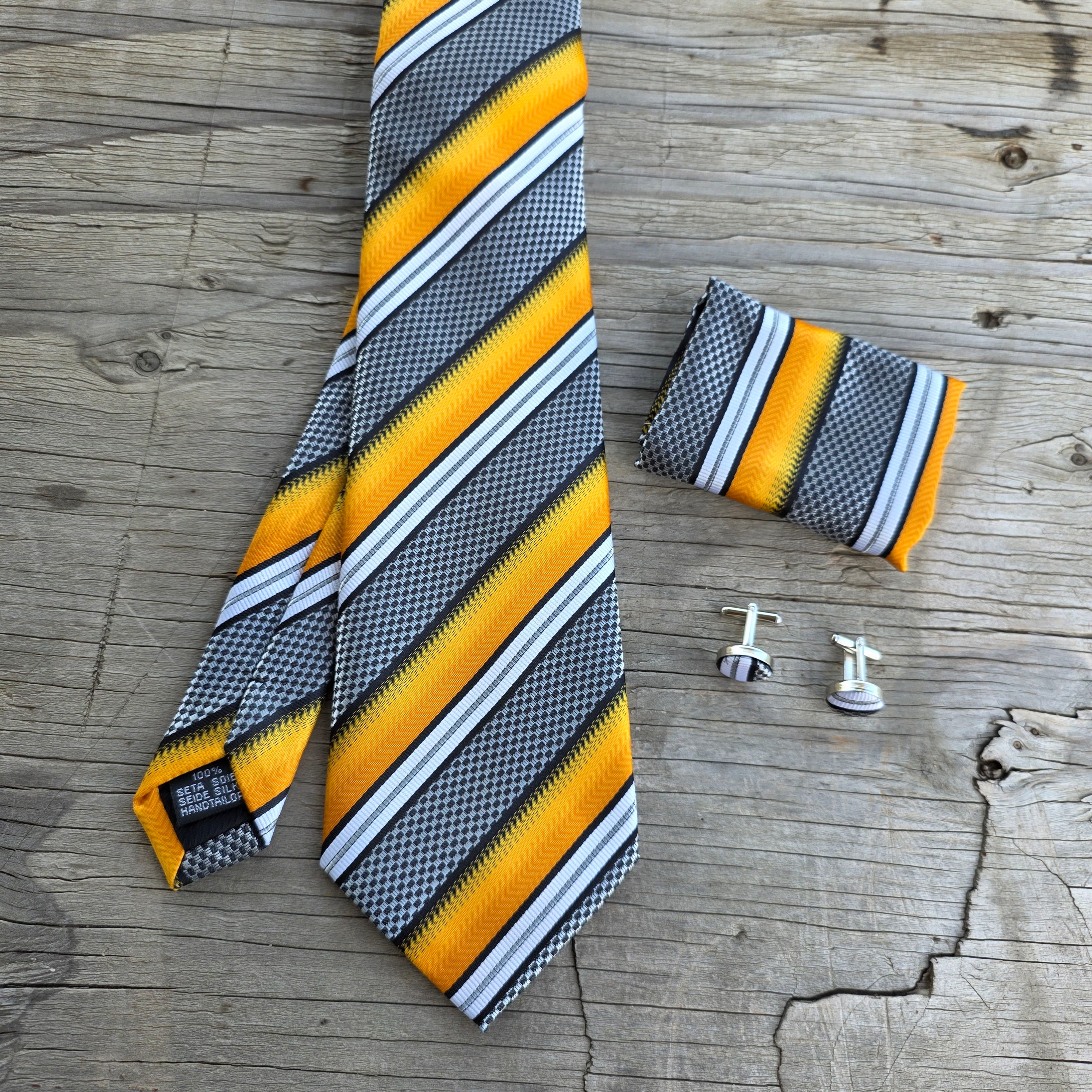 Fire Yellow Black White Stripe Silk Tie Pocket Square Cufflink Set