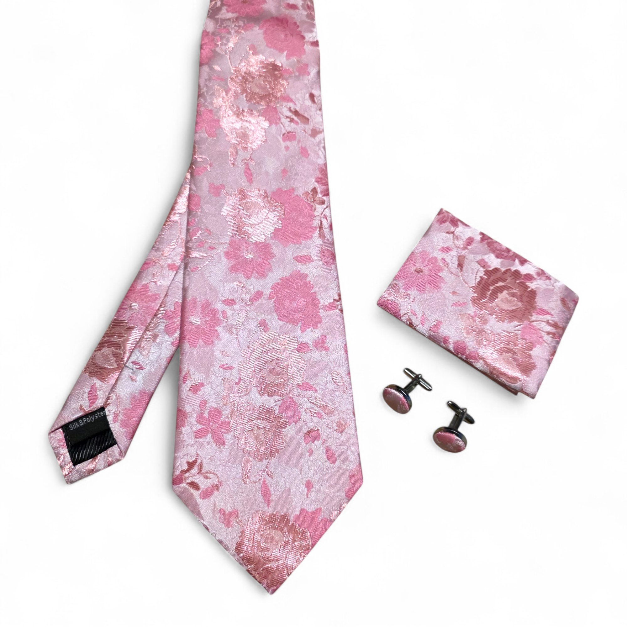 Pink Floral Silk Tie Pocket Square Cufflink Set
