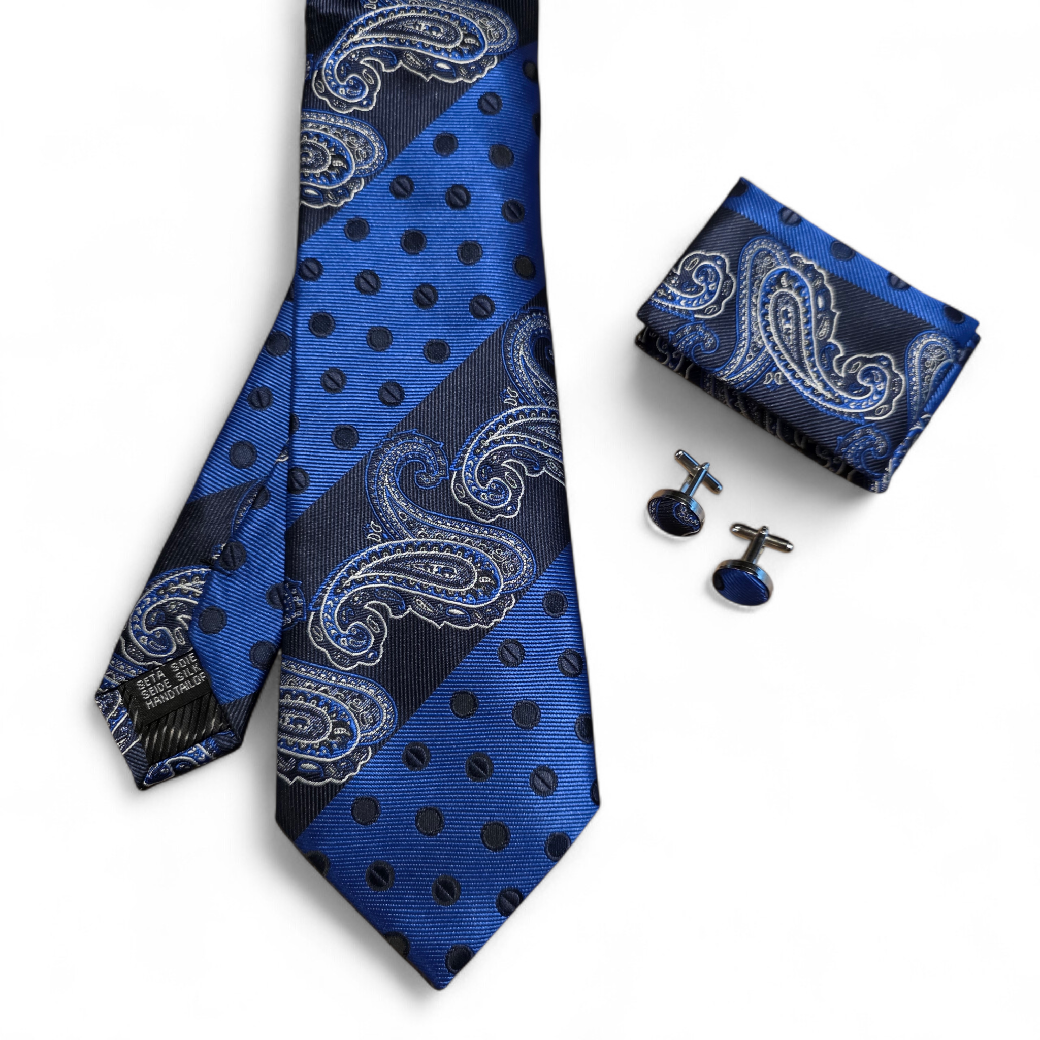 Navy Blue Paisley Polka Dot Silk Tie Pocket Square Cufflink Set