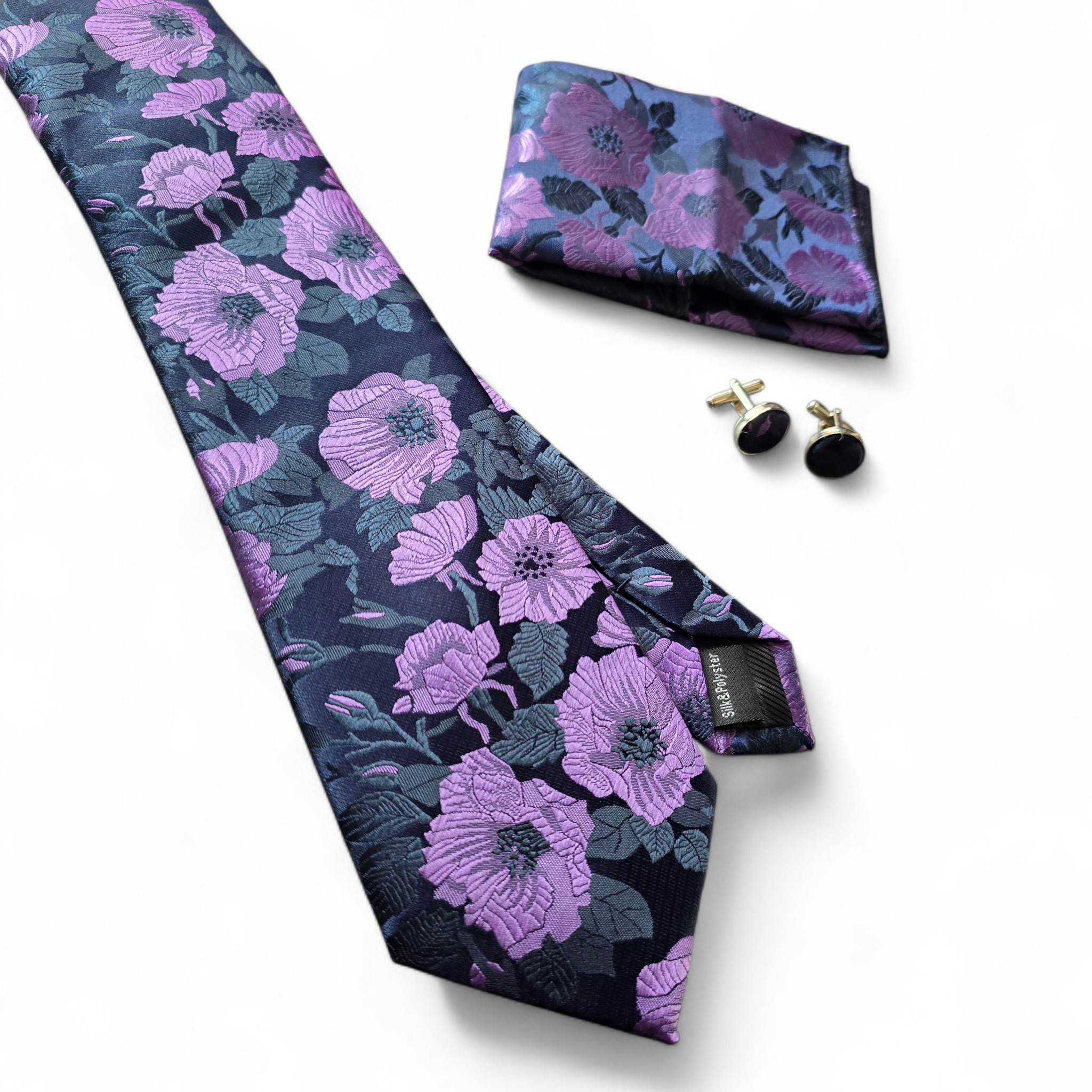 Navy Blue Purple Floral Silk Tie Pocket Square Cufflink Set
