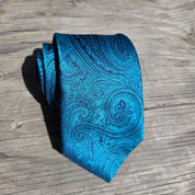 Teal Blue Paisley Silk Tie Pocket Square Cufflink Set