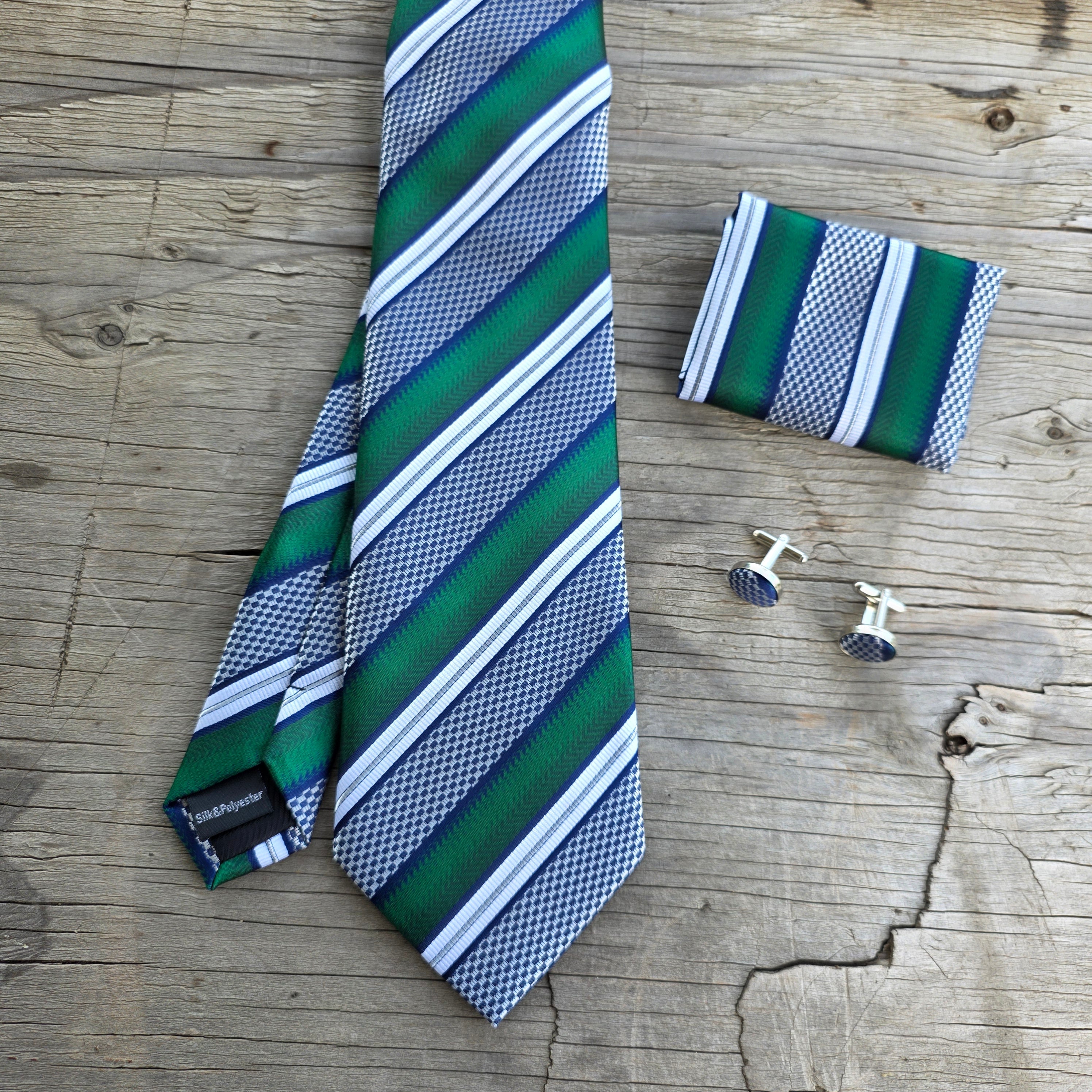 White Green Stripe Silk Tie Pocket Square Cufflink Set