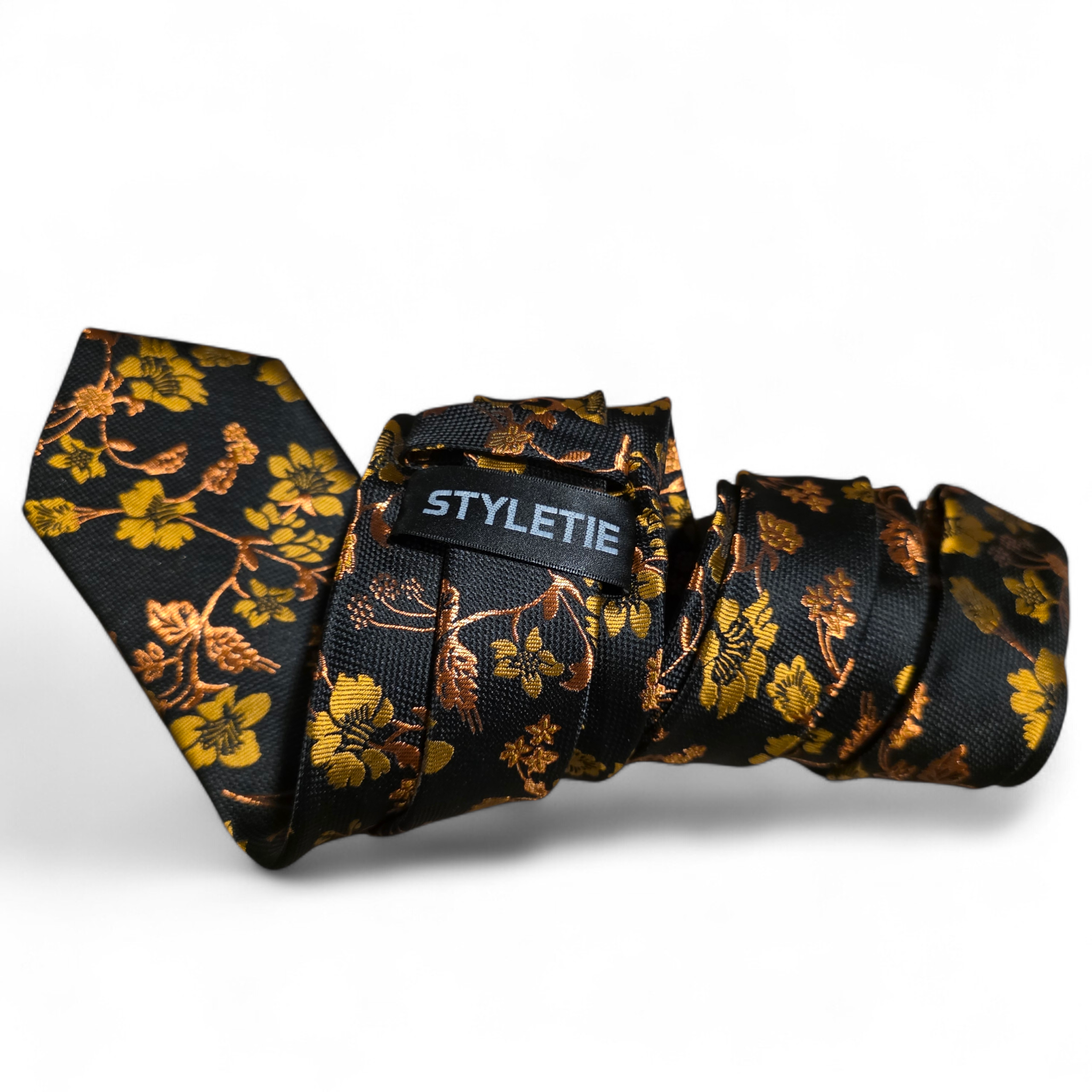 Black Orange Copper Floral Silk Tie Pocket Square Cufflink Set