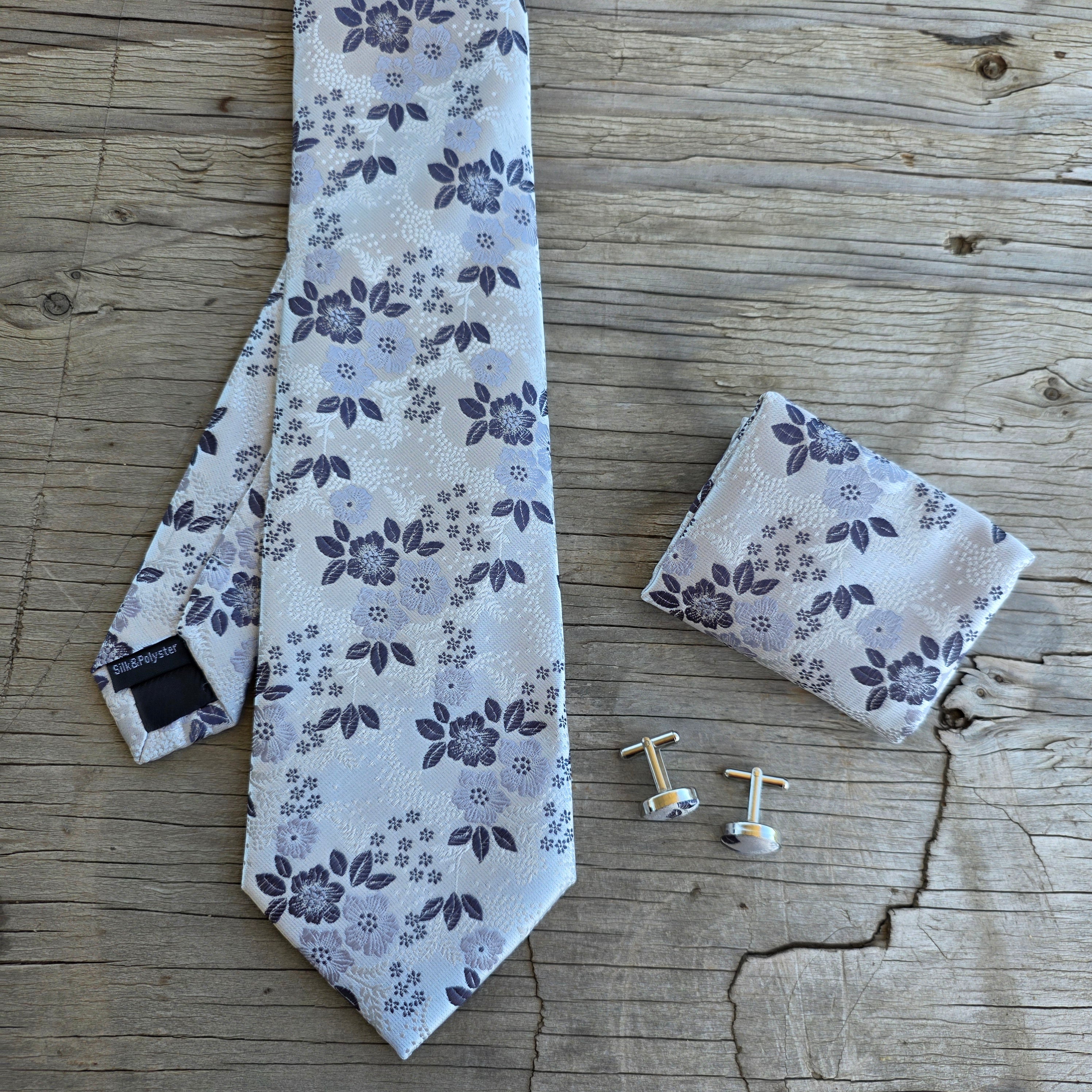 White Gray Flower Silk Tie Pocket Square Cufflink Set