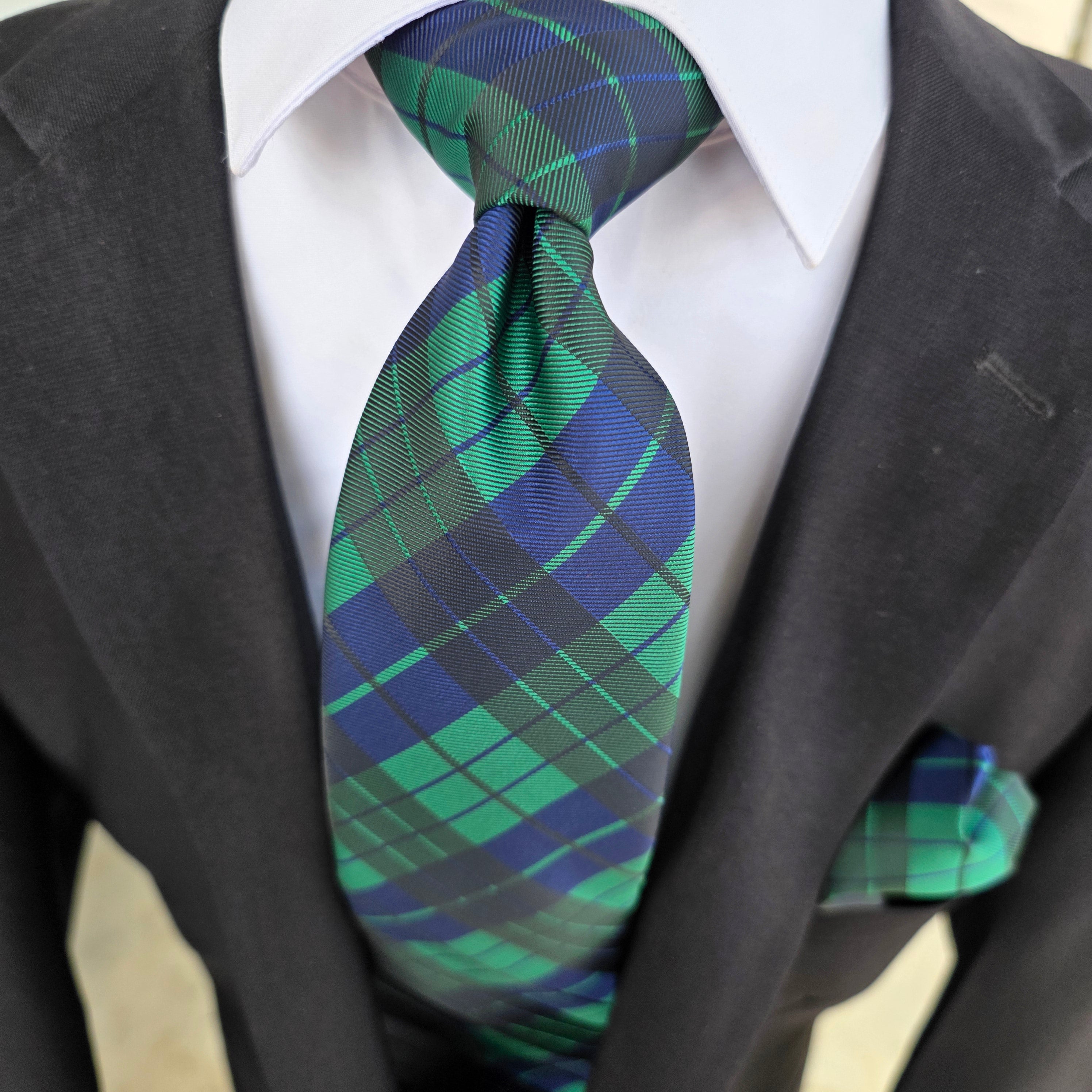 Navy Blue Green Plaid Silk Tie Pocket Square Cufflink Set