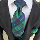 Navy Blue Green Plaid Silk Tie Pocket Square Cufflink Set
