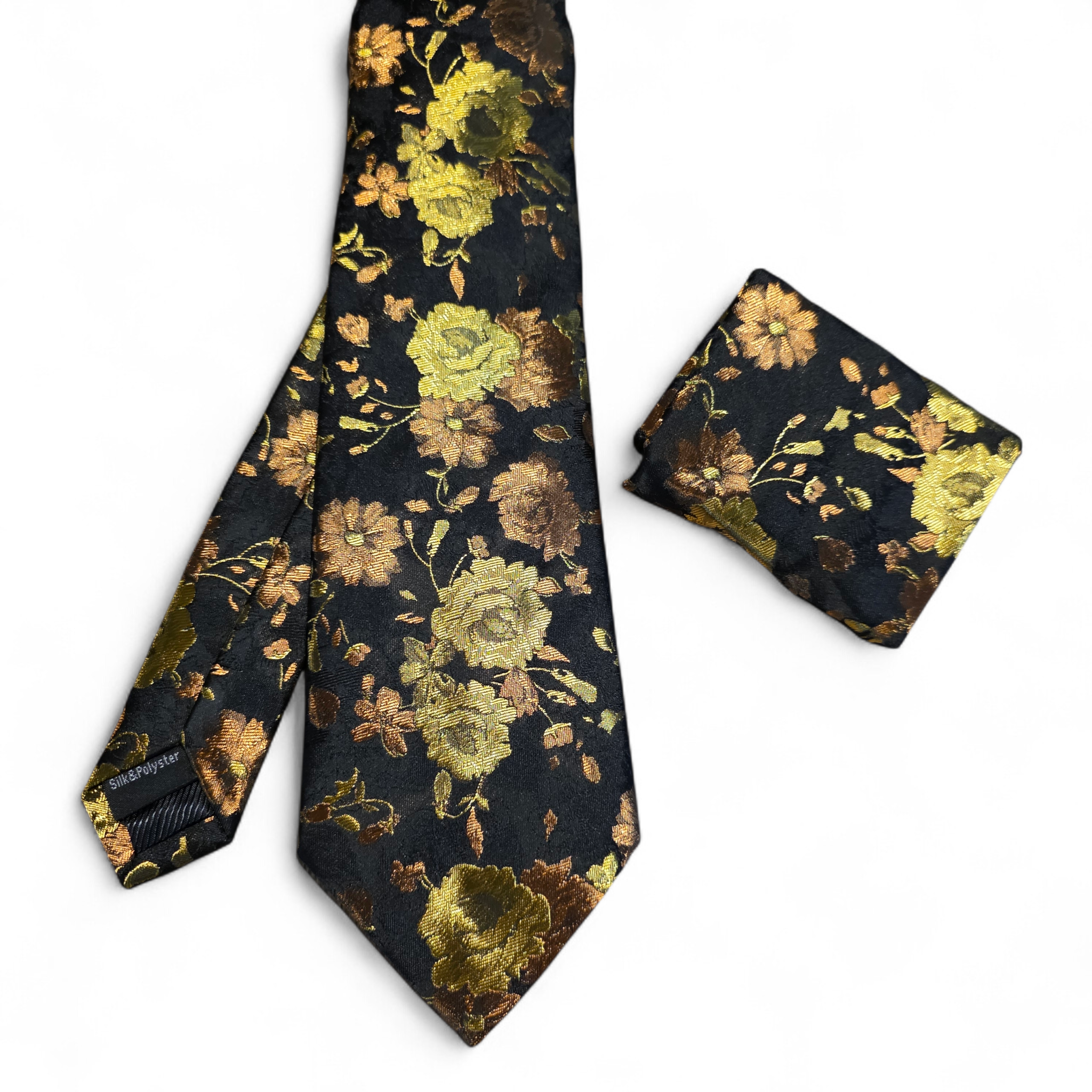 Black Gold Copper Floral Silk Tie Pocket Square Cufflink Set