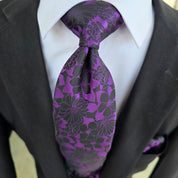 Black Purple Flower Silk Tie Pocket Square Cufflink Set