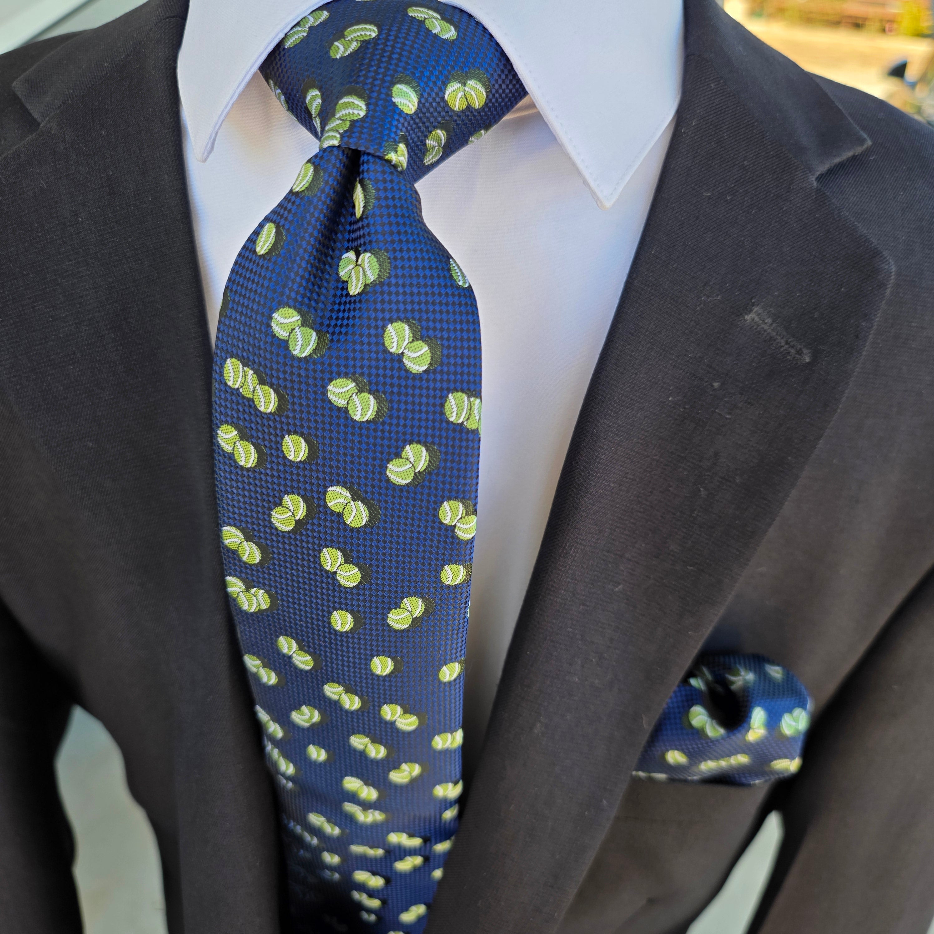 Navy Blue Tennis Silk Tie Pocket Square Cufflink Set