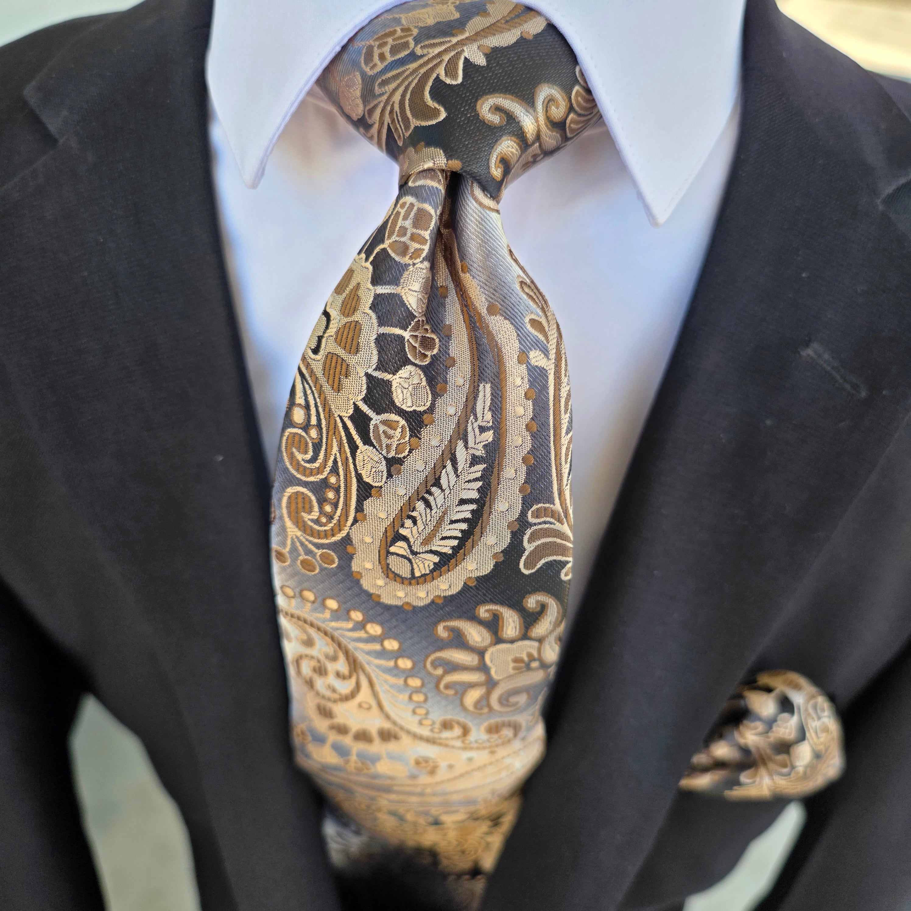 Khaki Gray Paisley Silk Tie Pocket Square Cufflink Set