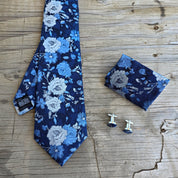 Navy Blue Gray Flower Silk Tie Pocket Square Cufflink Set