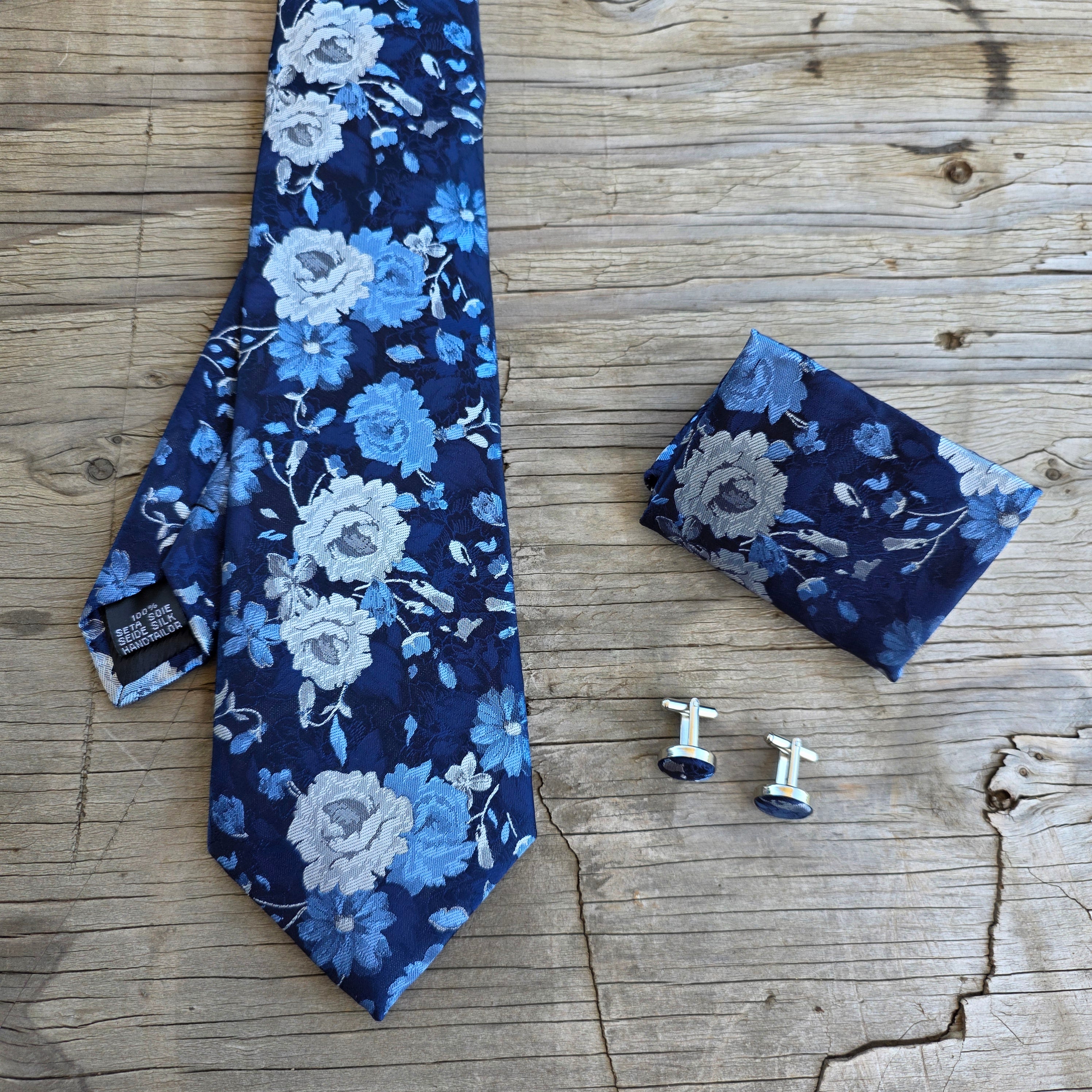 Navy Blue Gray Flower Silk Tie Pocket Square Cufflink Set