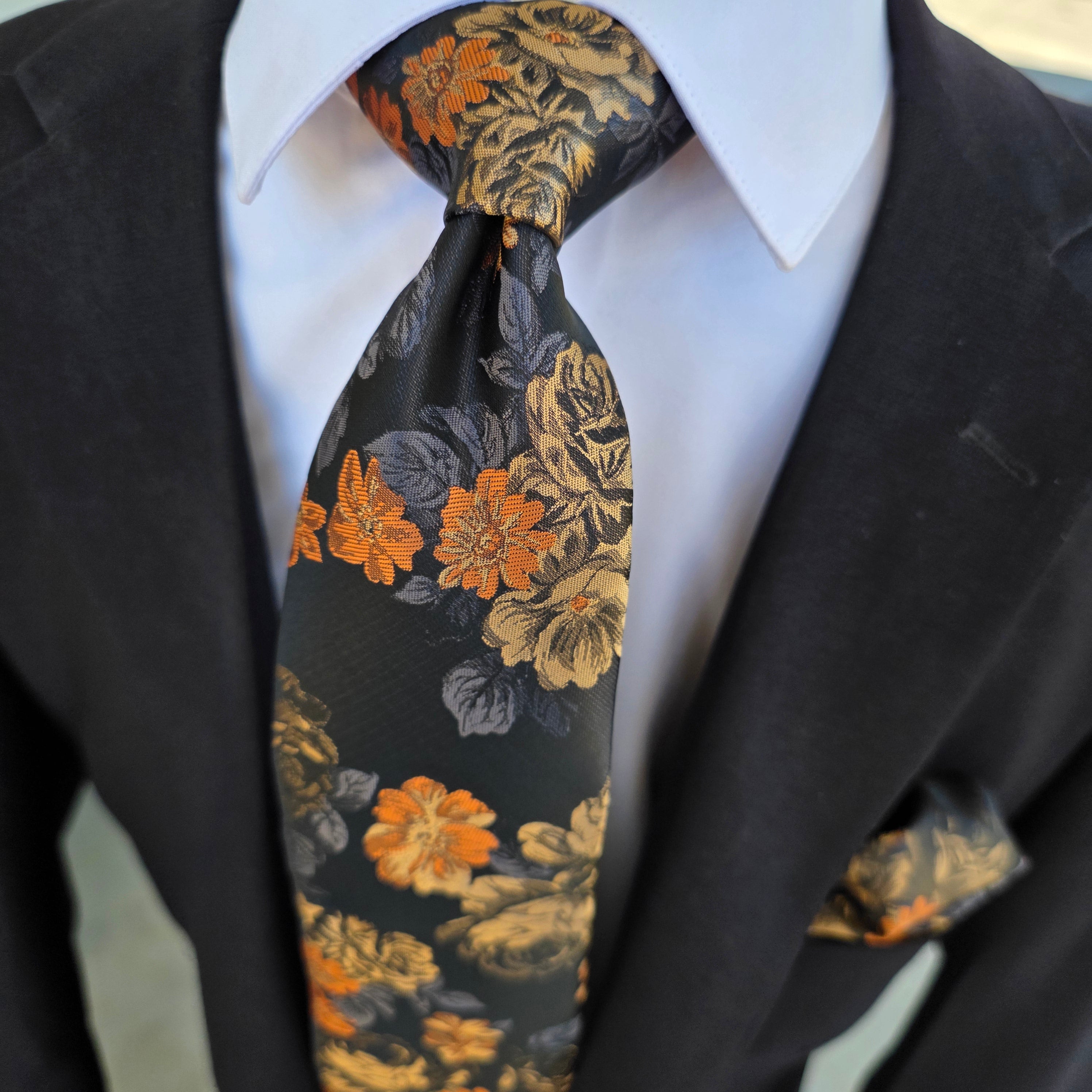 Black Honey Orange Flower Silk Tie Pocket Square Cufflink Set