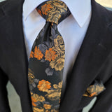 Black Honey Orange Flower Silk Tie Pocket Square Cufflink Set
