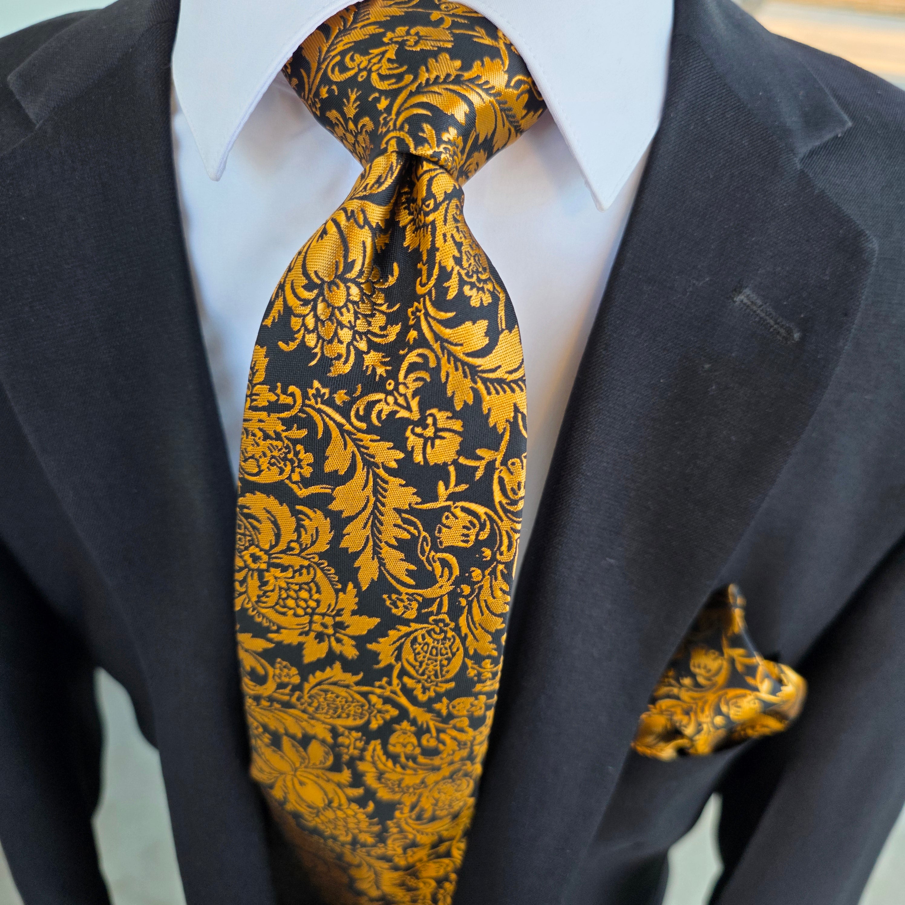 Black Gold Copper Floral Silk Tie Pocket Square Cufflink Set