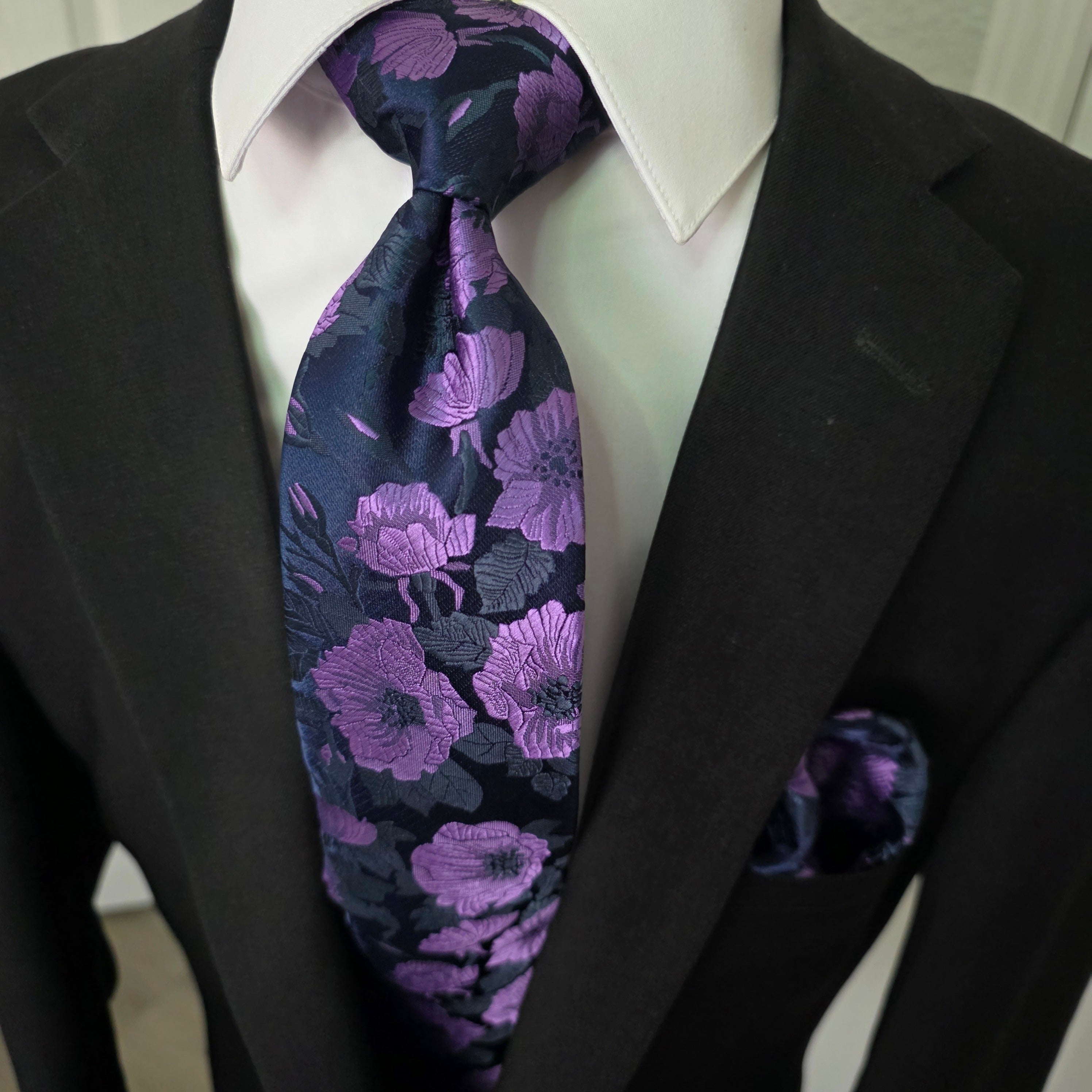 Navy Blue Purple Floral Silk Tie Pocket Square Cufflink Set