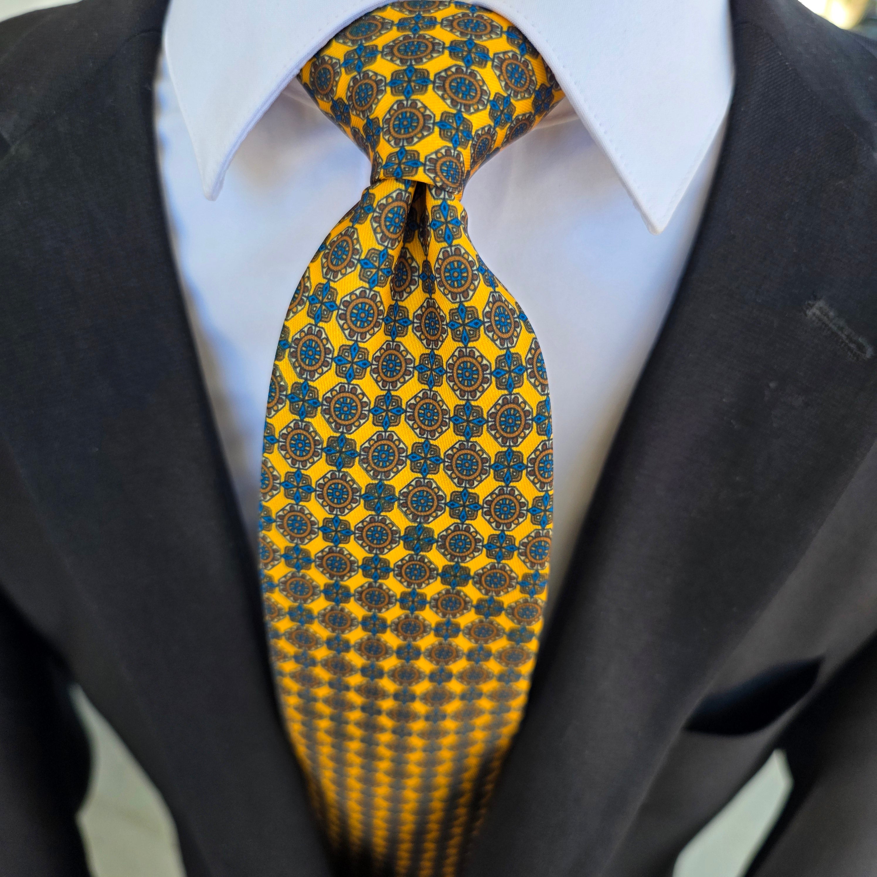 Canary Yellow Blue Geometric Tie