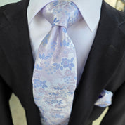 White Powder Blue Flower Silk Tie Pocket Square Cufflink Set