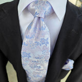 White Powder Blue Flower Silk Tie Pocket Square Cufflink Set