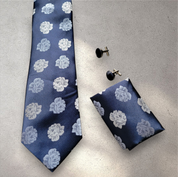 Blue White Floral Silk Tie Pocket Square Cufflink Set