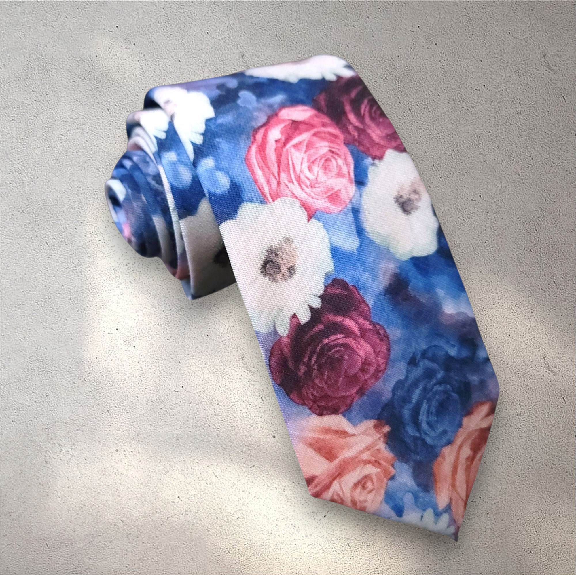 Blue White Peach Burgundy Floral Silk Tie