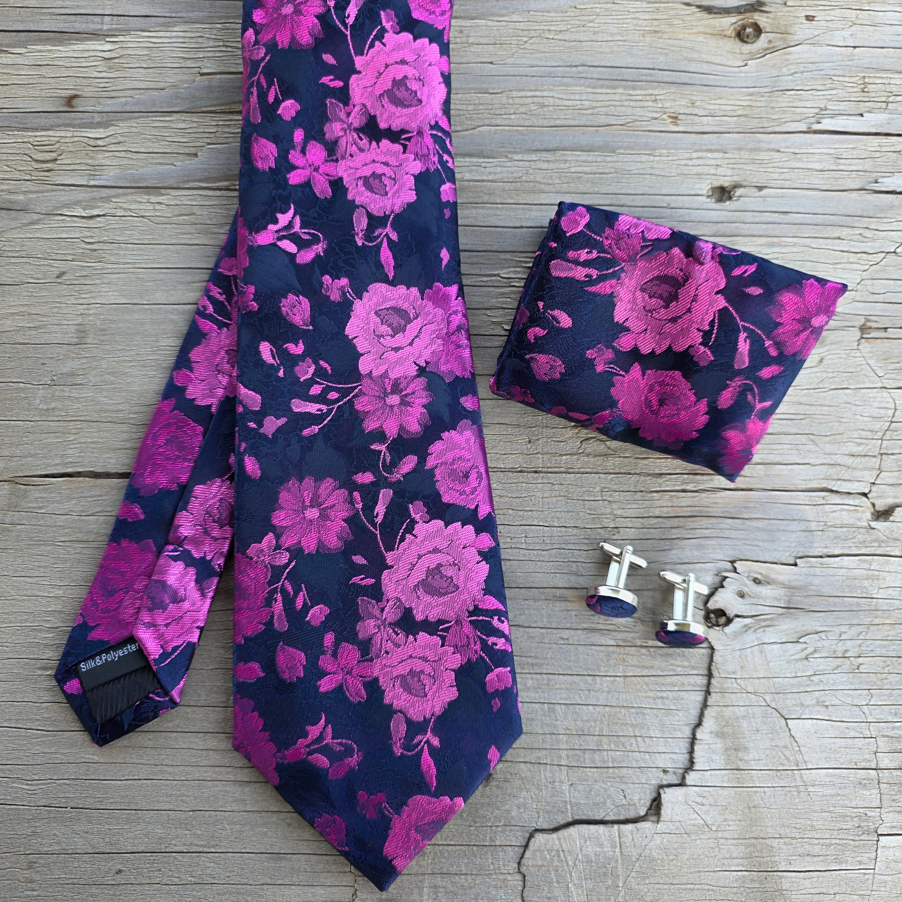 Navy Hot Pink Floral Silk Tie Pocket Square Cufflink Set