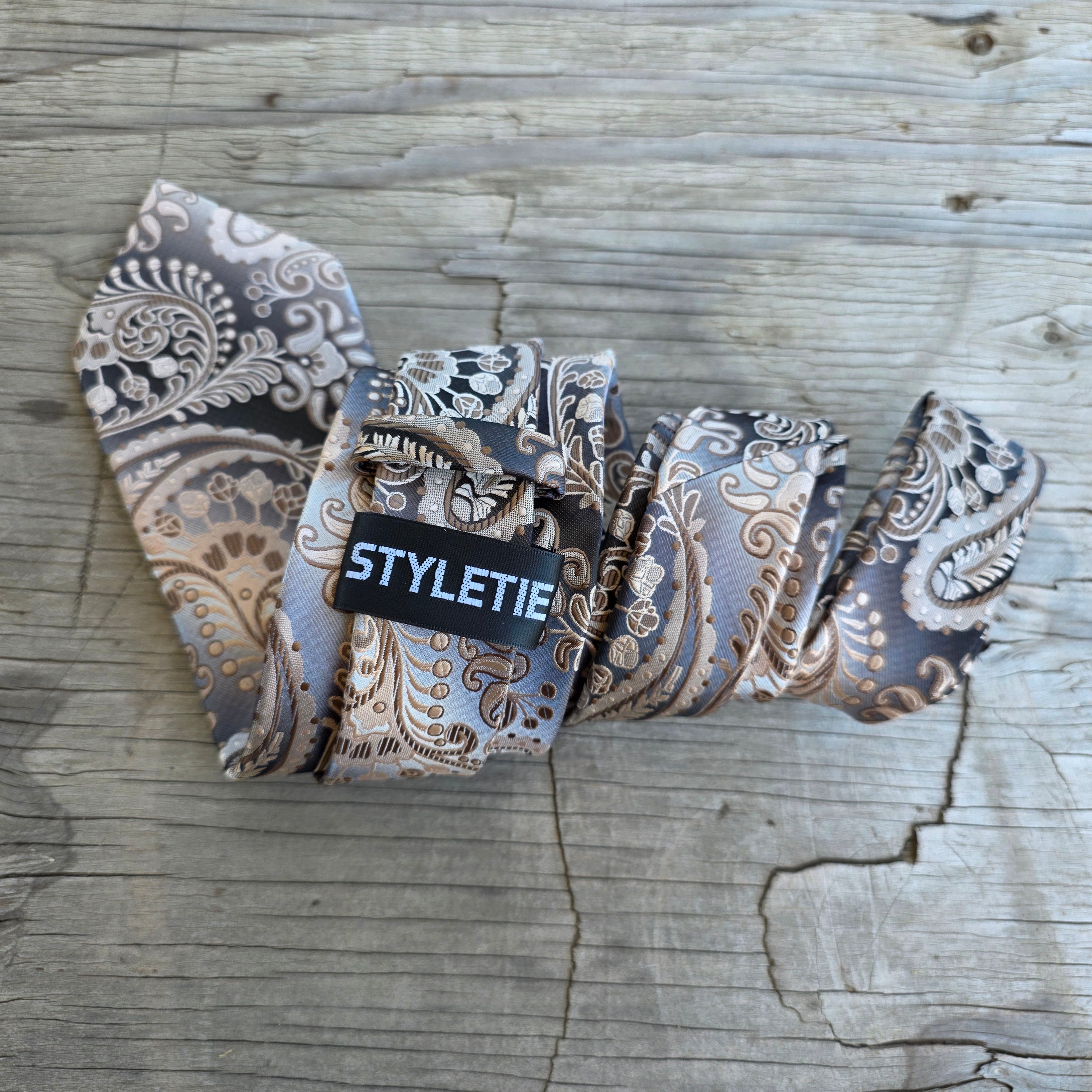 Khaki Gray Paisley Silk Tie Pocket Square Cufflink Set