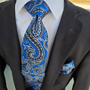 Bright Blue Silver Paisley Silk Tie Pocket Square Cufflink Set
