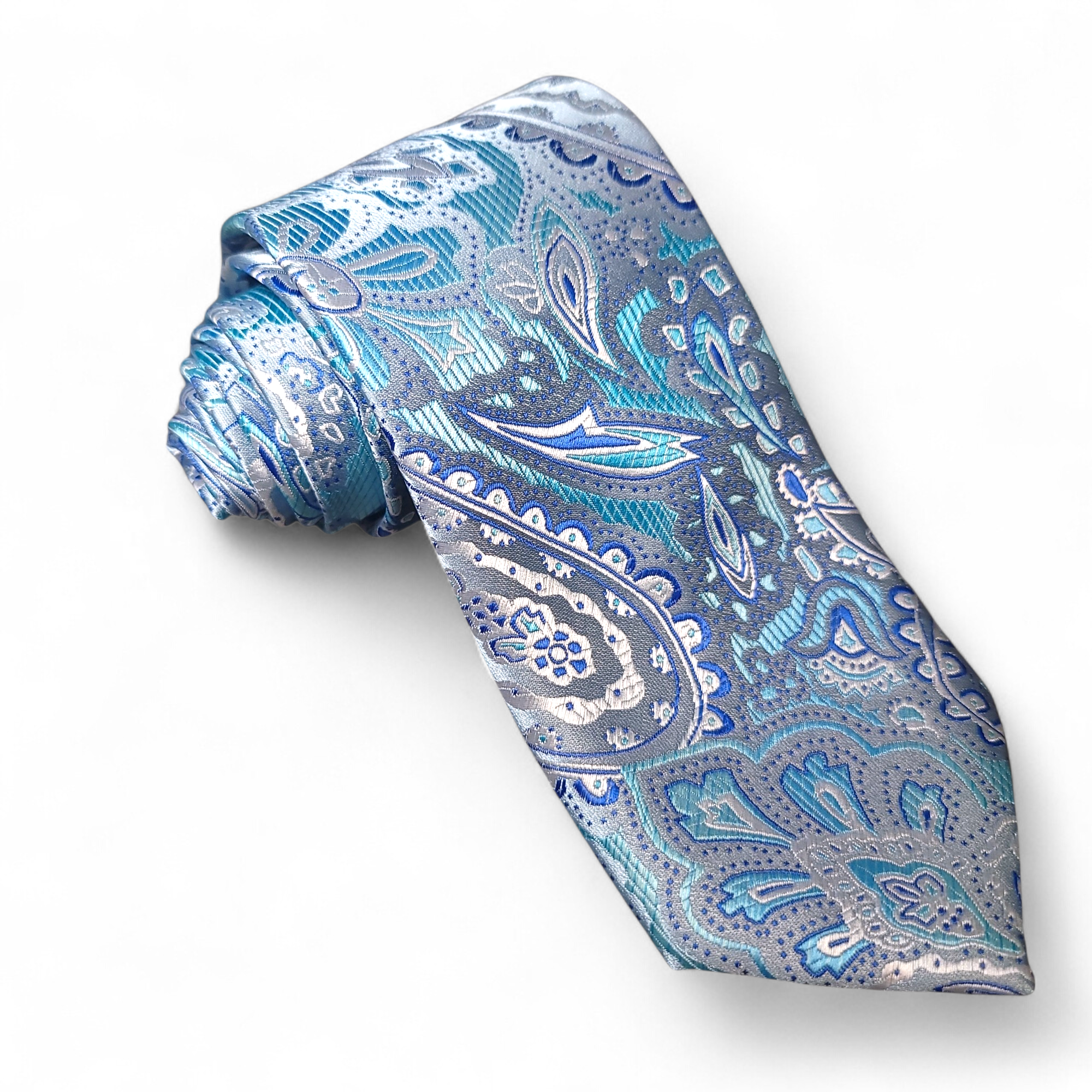 Baby Blue Paisley Silk Tie Pocket Square Cufflink Set