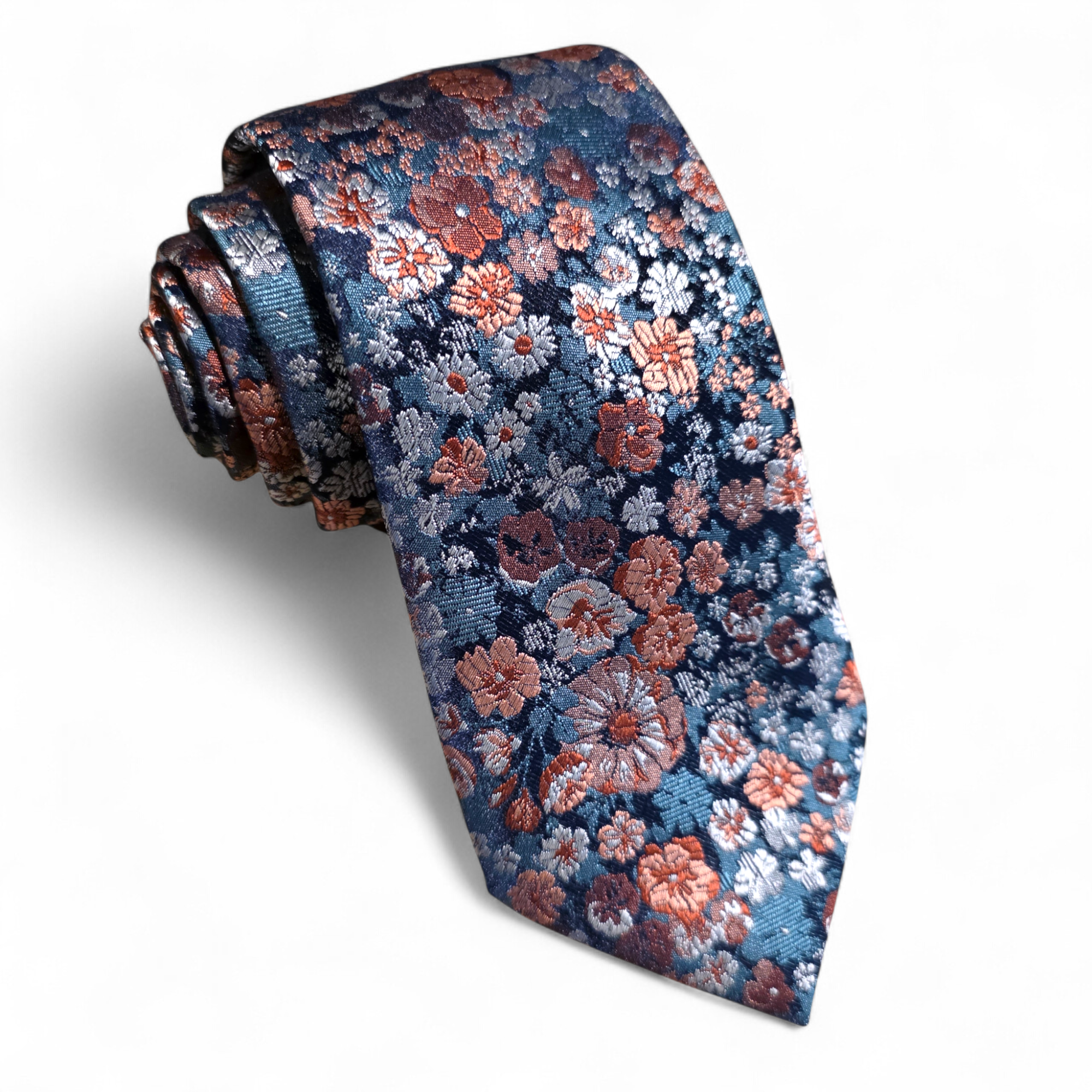 Peach Gray Floral Silk Tie Pocket Square Cufflink Set