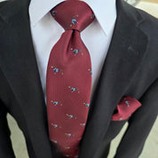 Burgundy Puppy Dog Print Silk Tie Pocket Square Cufflink Set