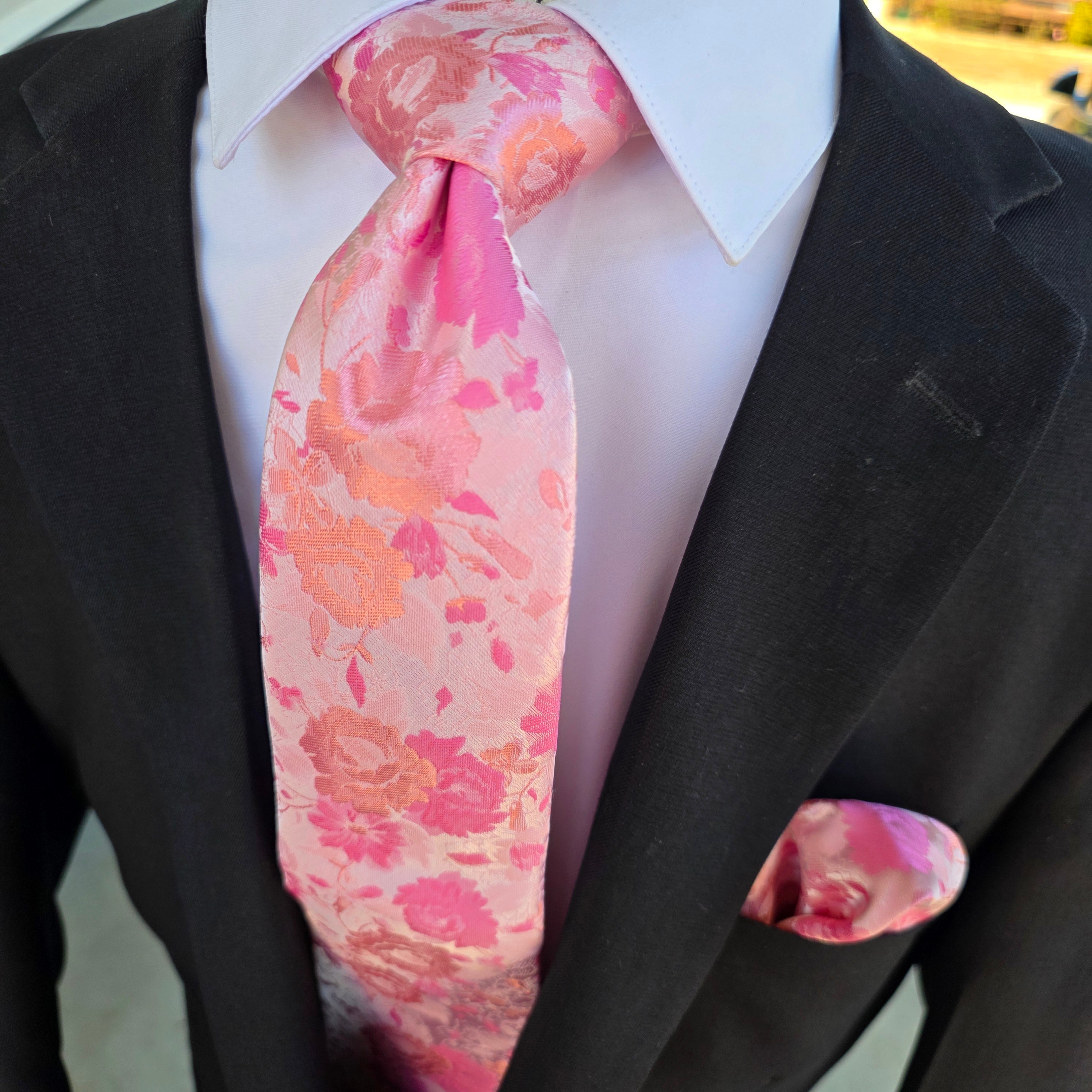 Pink Floral Silk Tie Pocket Square Cufflink Set