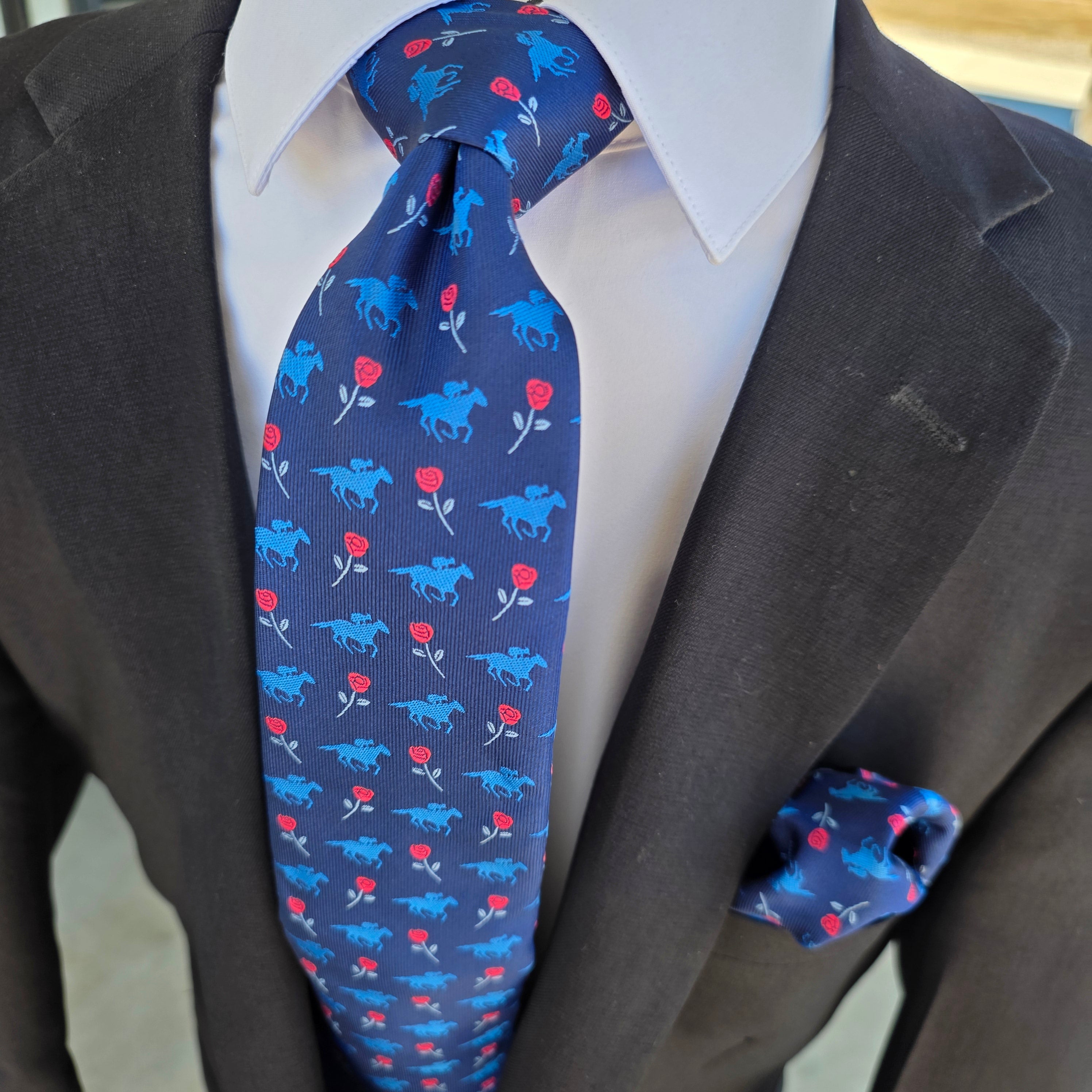 Navy Blue Horse Floral Silk Tie Pocket Square Cufflink Set