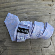 White Powder Blue Flower Silk Tie Pocket Square Cufflink Set