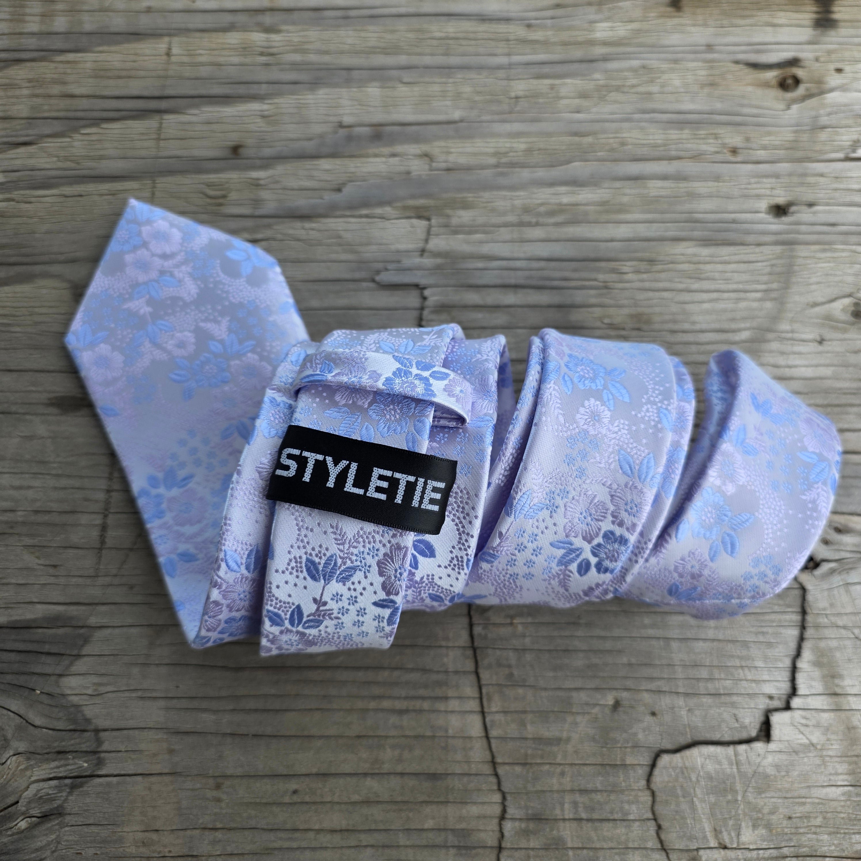 White Powder Blue Flower Silk Tie Pocket Square Cufflink Set