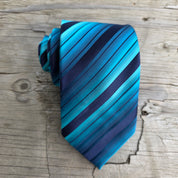 Teal Blue Black Stripe Silk Tie Pocket Square Cufflink Set
