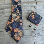 Black Honey Orange Flower Silk Tie Pocket Square Cufflink Set