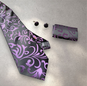 Black Purple Floral Silk Tie Pocket Square Cufflink Set
