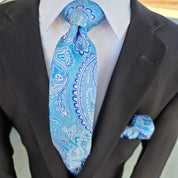 Baby Blue Paisley Silk Tie Pocket Square Cufflink Set